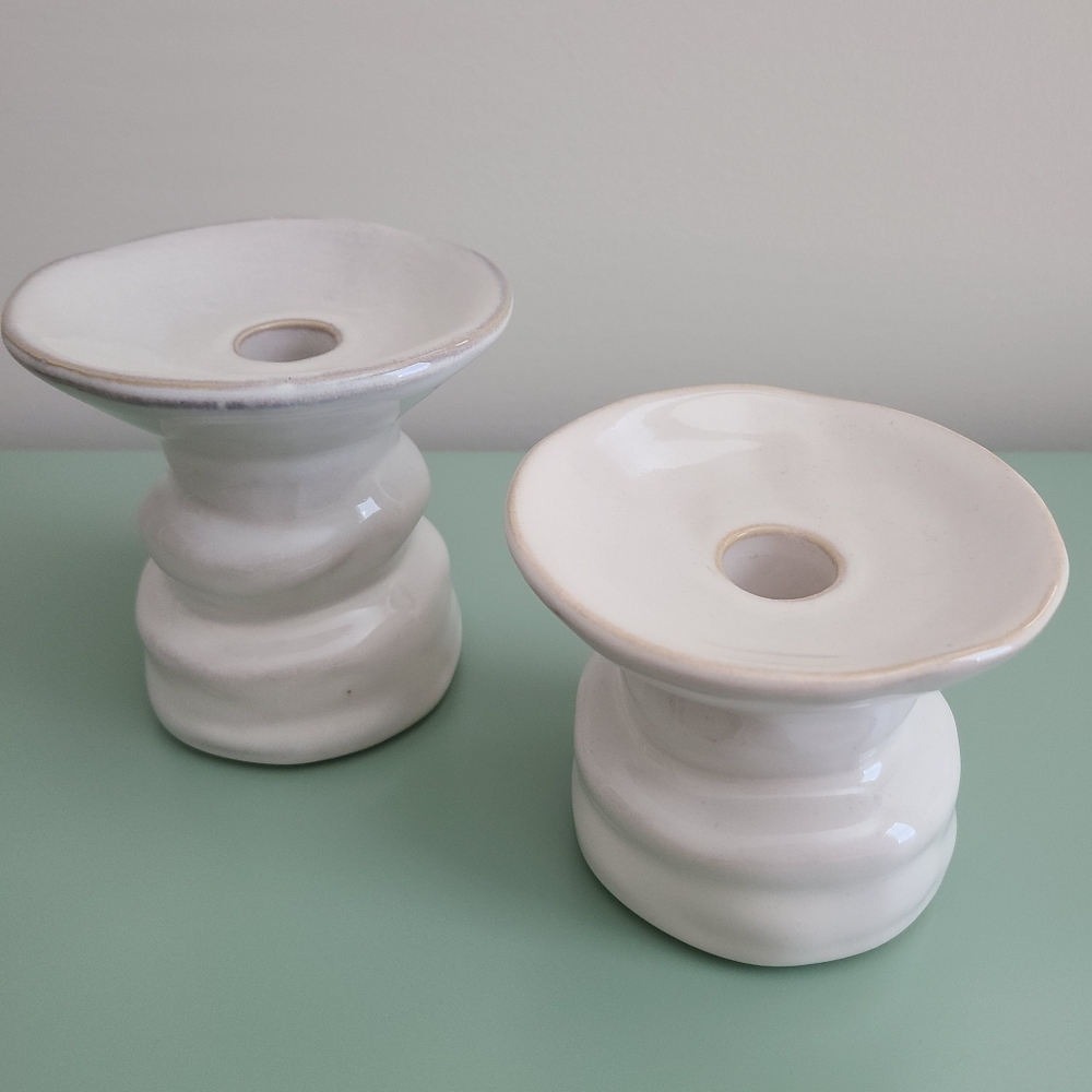 White Ceramic Pillar And Taper Candle Holders - Set Of 2